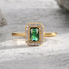 R0148 Exquisite Luxury Inlaid Green Zircon Ring for Women Brass Gold Plated Minimalist