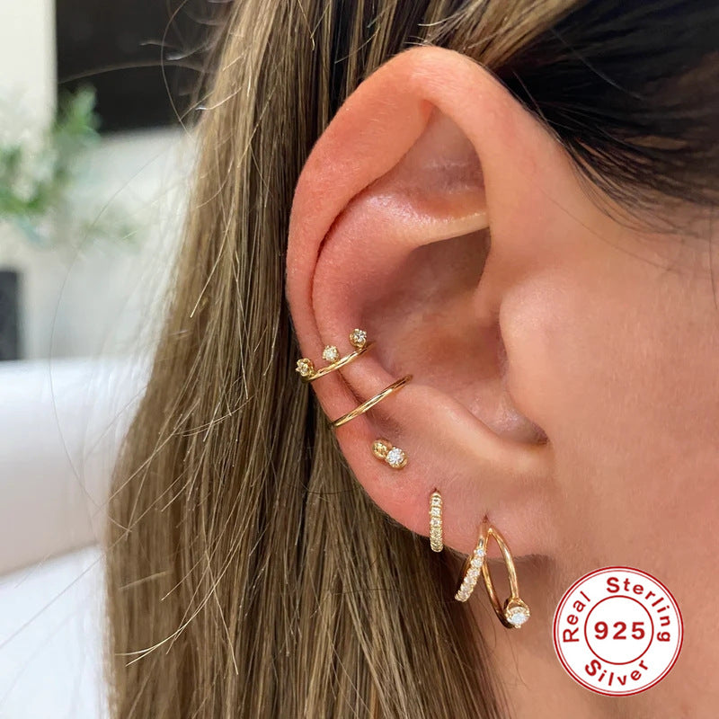 S925Sterling Silver Layered C Exaggerated Creative Style Earrings with Dense Studs and Claw Setting Double Steel Wire Hoop Earrings