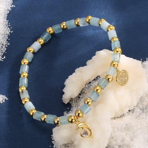 14K Gold-Plated Brass Dolphin Beaded CZ Bracelet in a gold-tone brass finish