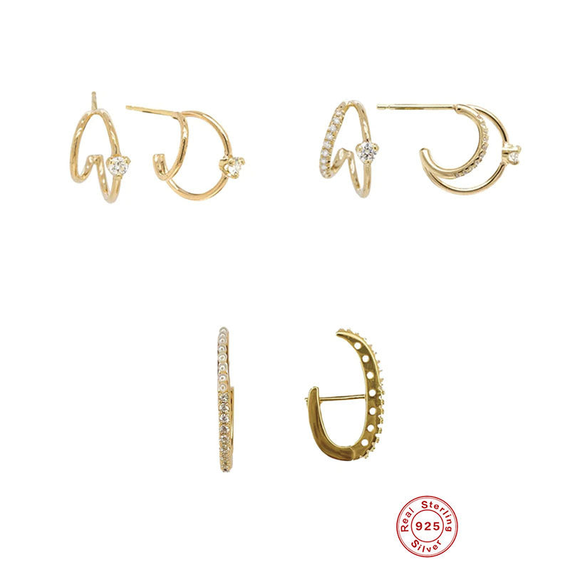 S925Sterling Silver Layered C Exaggerated Creative Style Earrings with Dense Studs and Claw Setting Double Steel Wire Hoop Earrings