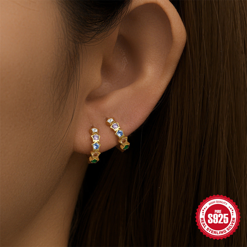 S925Sterling Silver Rainbow Colorful Star Moon Earrings Hoop Daily Wear Diamond-Studded Ear Clips Ear Jewelry for Women