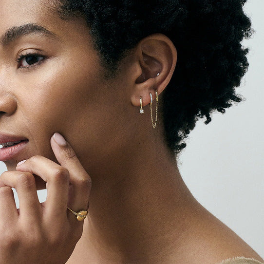 2H Zircon Double Ring Chain Tassel Earrings Ear Accessories Ear Clips Stainless Steel Jewelry