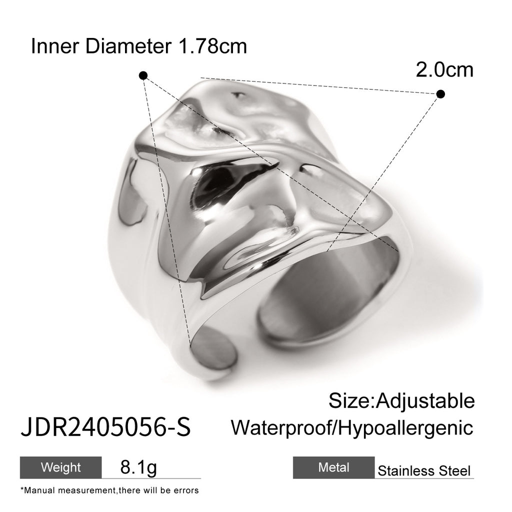 18k Gold Stainless Steel Large Hammer Pattern Open Ring Fashion Simple Unique Design Ring