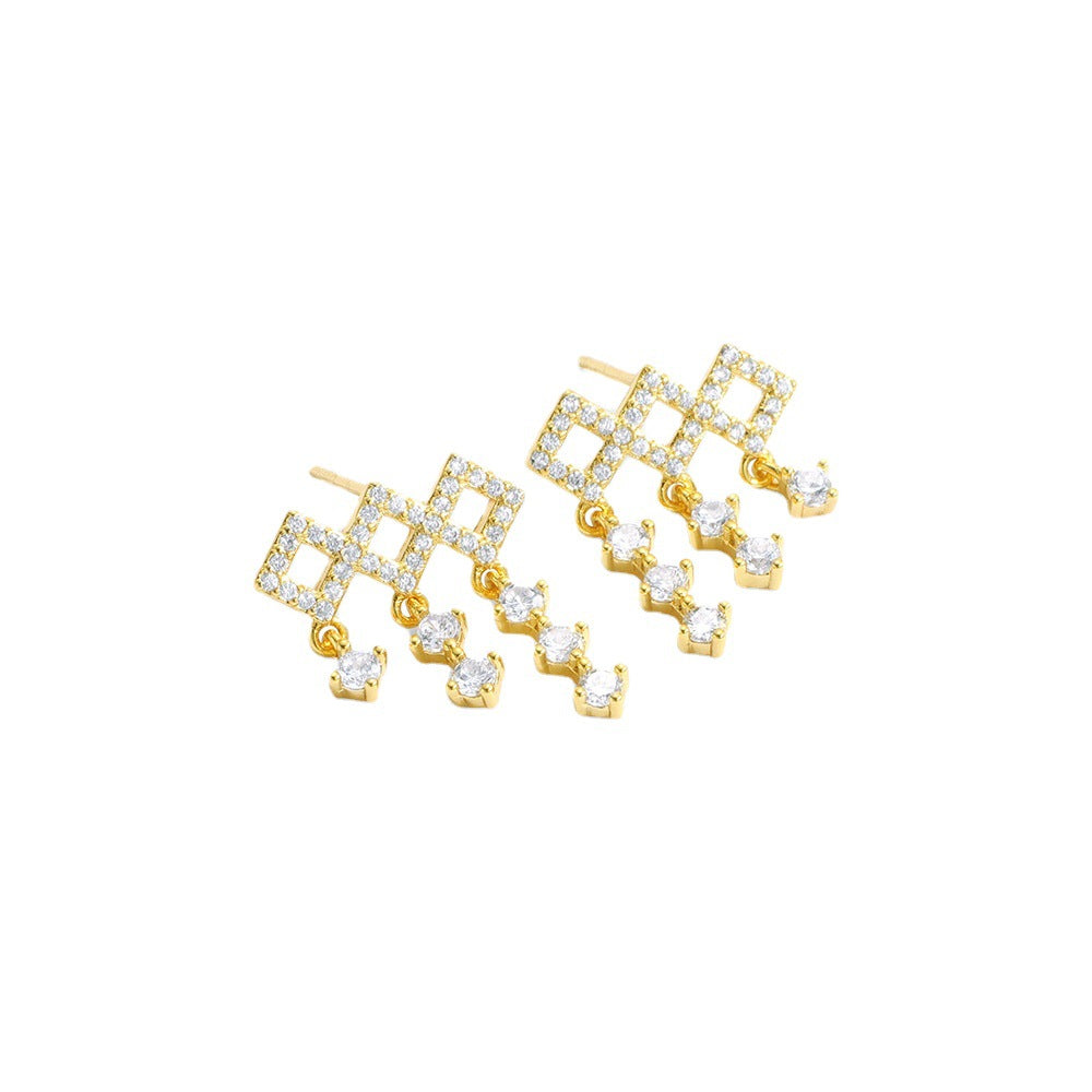 E0092 Earrings Silver Needle Geometric Rhombus Inlaid Zircon Tassel Earrings Fashion Earrings for Women