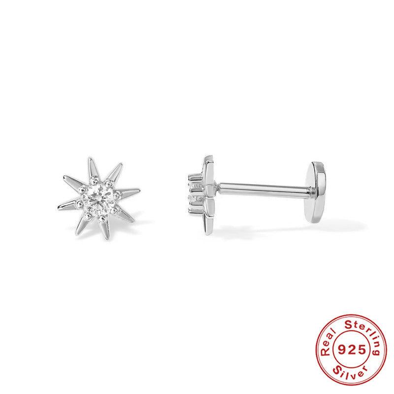 S925Sterling Silver Diamond-Encrusted Devil's Eye Flat Head Threaded Piercing Cartilage Earrings Snake Smiley Face Ear Bone Studs for Women