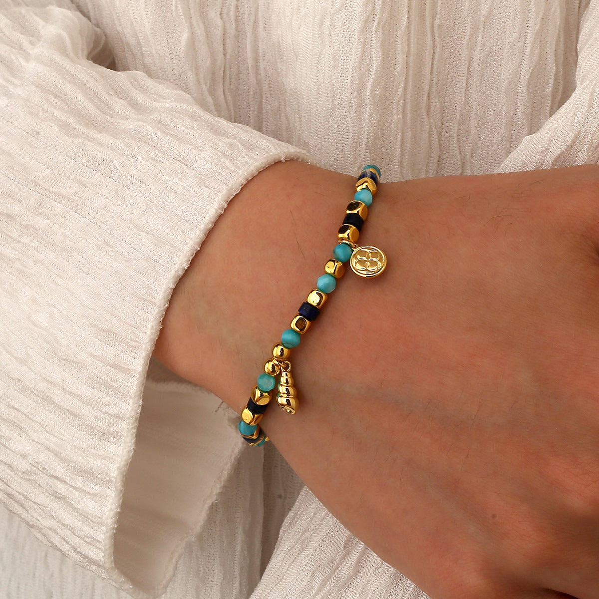 B0297 Fashion Bohemian Conch Bracelet Trendy New Lapis Lazuli Blue Shell Vintage Beaded