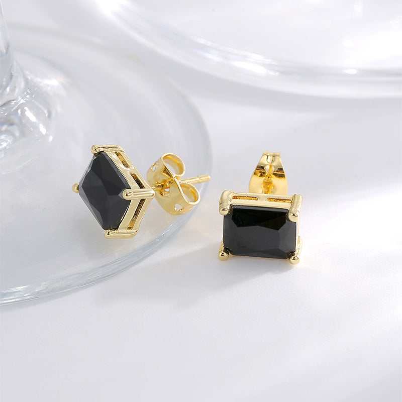 E0176 Korean Style Simple and Compact Design Earrings for Women gold Retro Inlaid Black Square Zircon Earrings