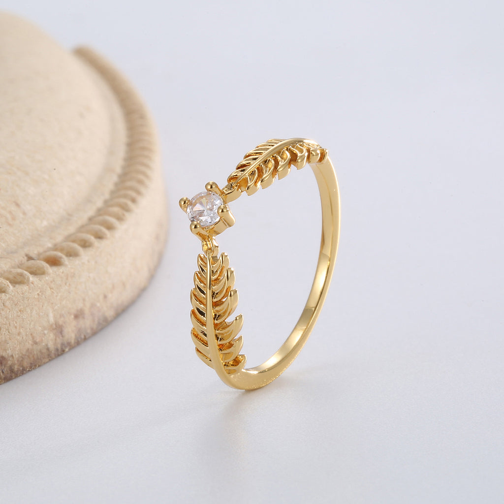 R0147 Japanese and Korean Pastoral Design Wheat Spike Four-Claw Zircon Ring for Women Copper Plated with Real Gold Elegant Fashion