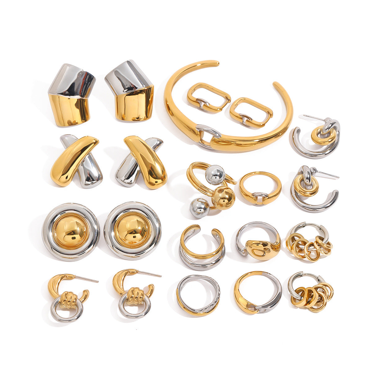 Stainless Steel Color Block Ring Earrings Open Bracelet Beaded Bracelet Jewelry