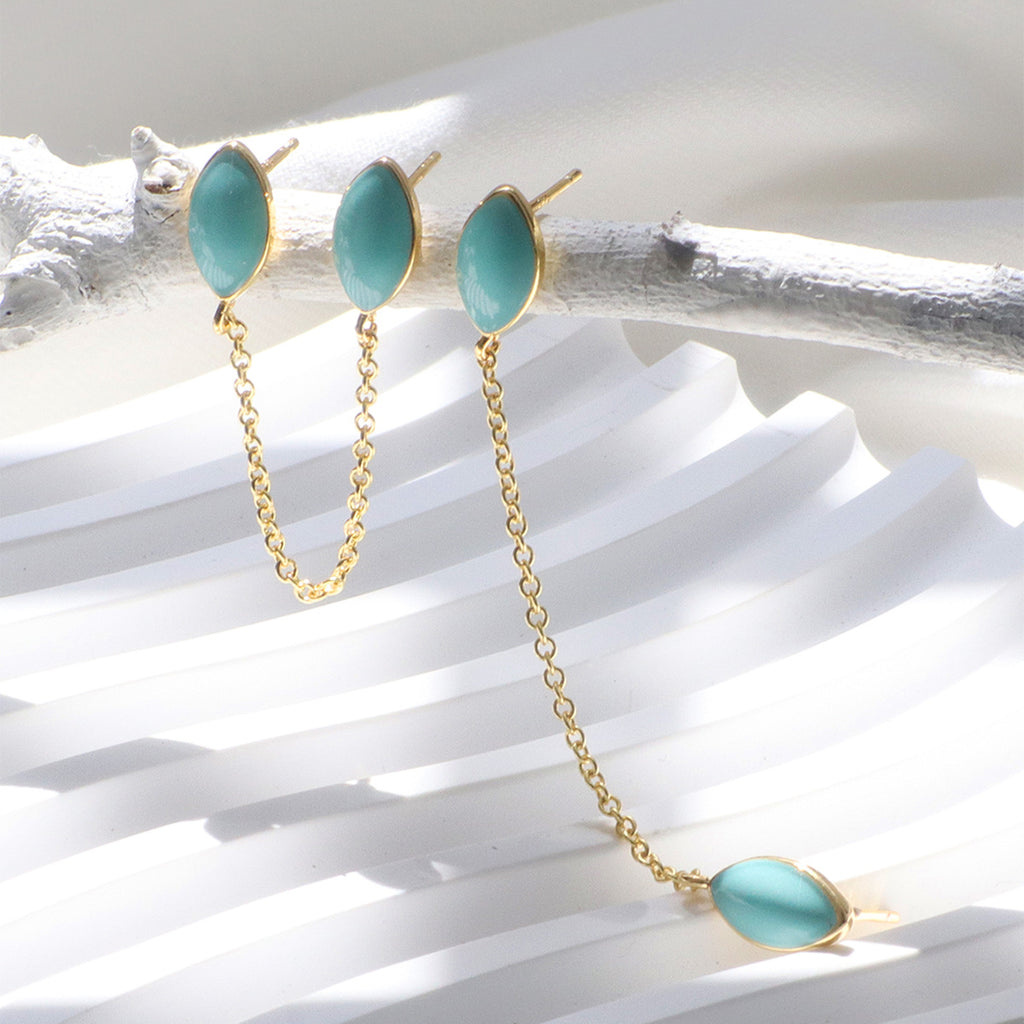 E0506 Korean Style Simple Water Drop Shape Green Resin Double Ear Stud Earrings for Women with Gold Plated Design and Tassel Ear Accessories