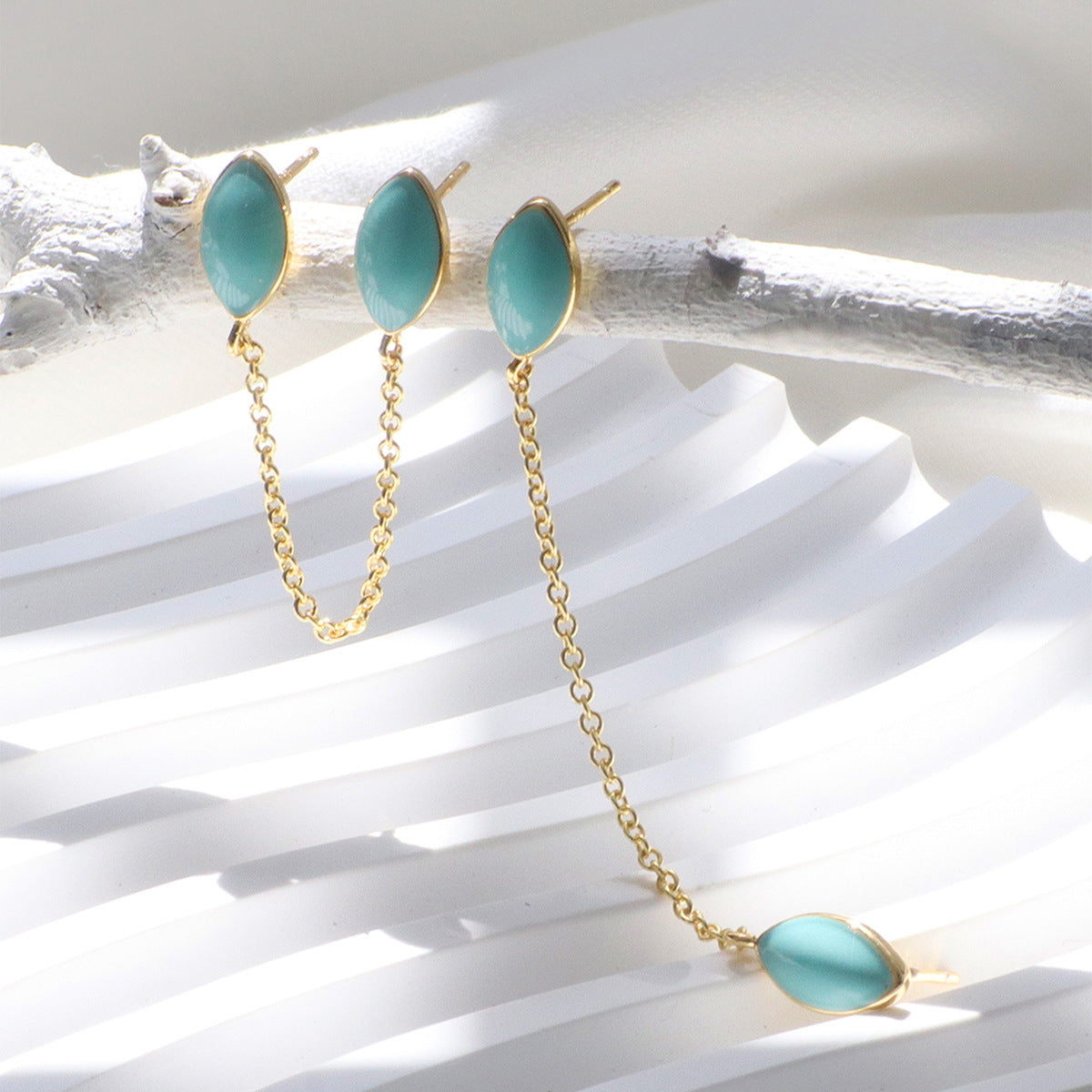 E0506 Korean Style Simple Water Drop Shape Green Resin Double Ear Stud Earrings for Women with Gold Plated Design and Tassel Ear Accessories