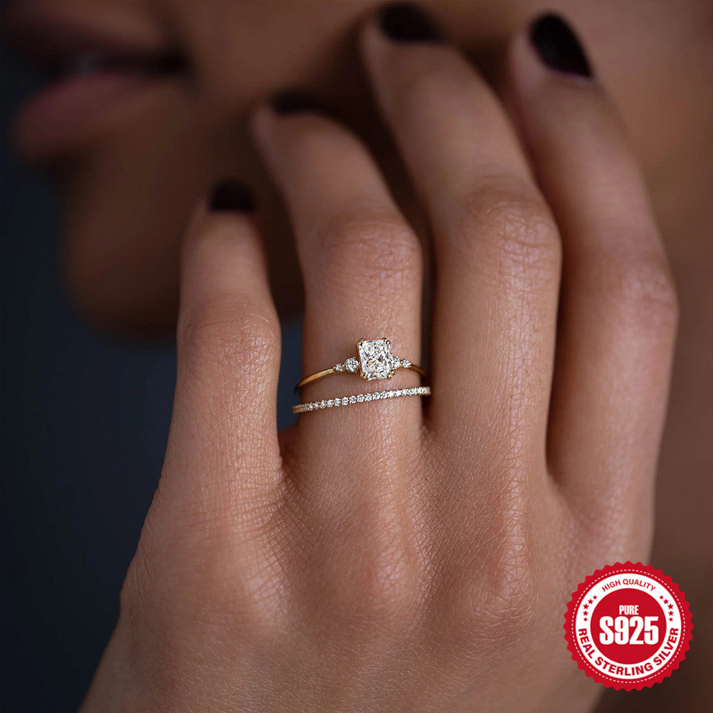 S925Sterling Silver Luxury Square Diamond Ring Fashion Carat Diamond Engagement Ring