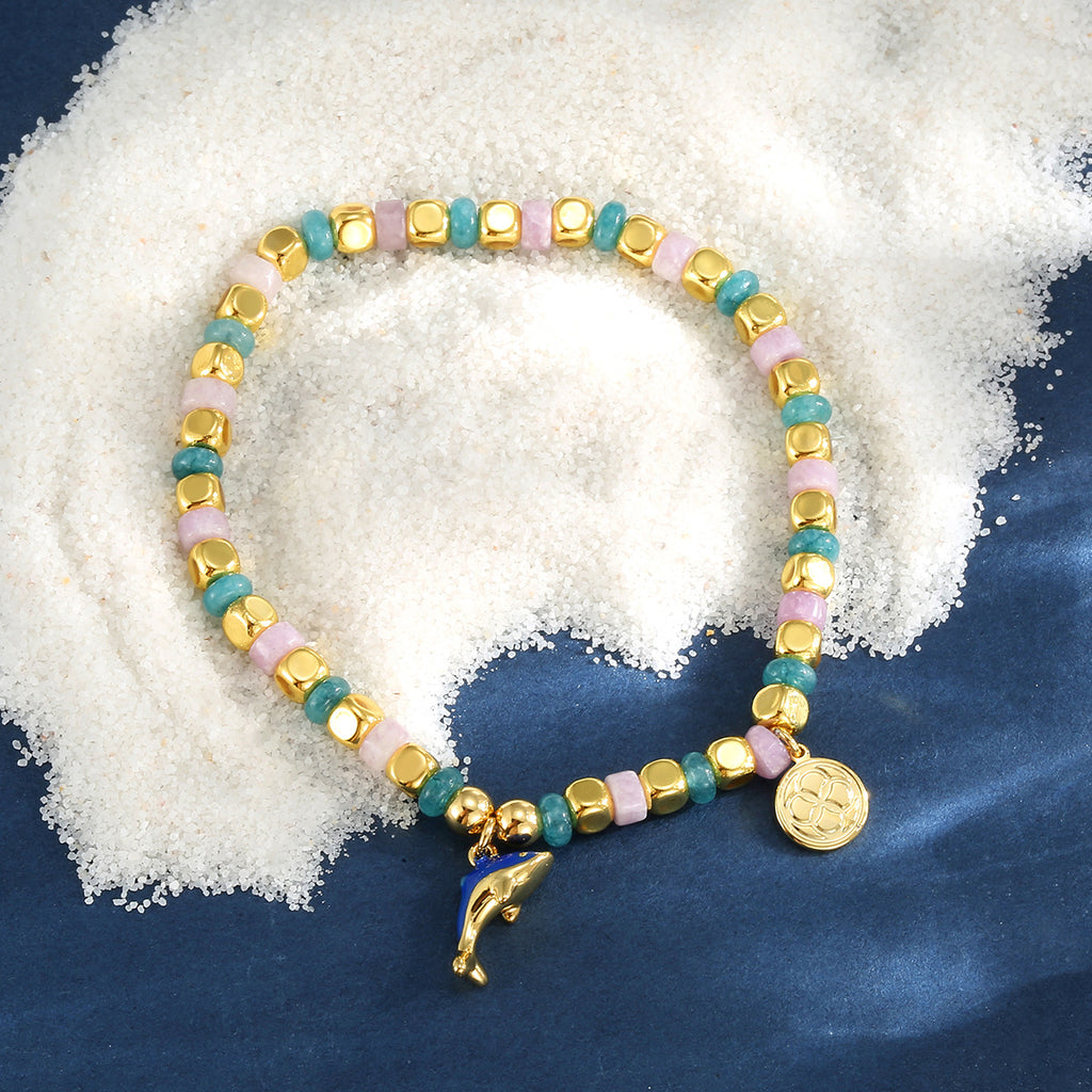 B0310 Leisure Vacation Dolphin Pendant Bracelet Ocean Chalcedony Beaded