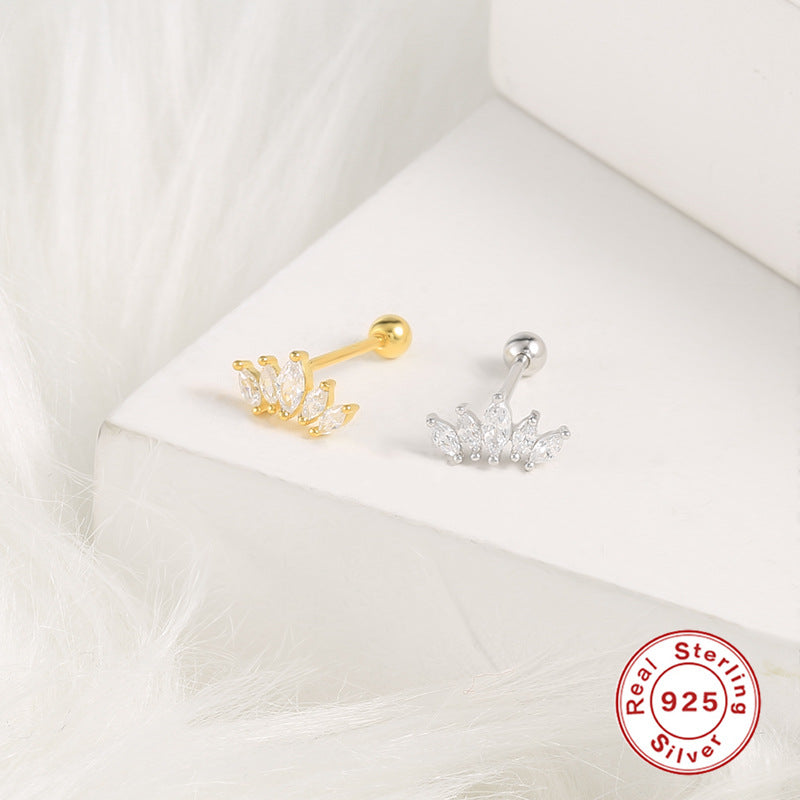 S925Pure Silver Single Crown Ear Bone Stud Earrings Bestselling Fashion Diamond-Studded Threaded Ear Piercing Women's Ear Jewelry