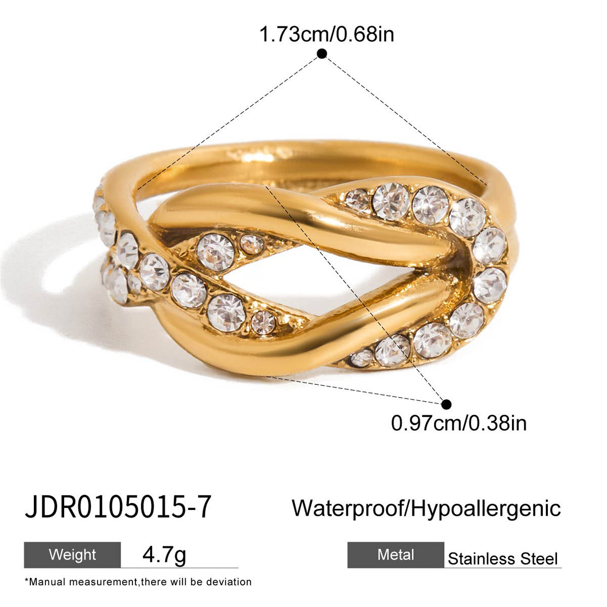 Original Knot Design Rhinestone Ring Non-Fading Stainless Steel Jewelry for Women
