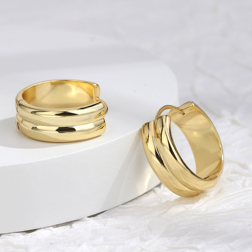 E0212 Brass Plated18K Real Gold Glossy Double Layer Earrings for Women Wide Circle Hoop Earrings