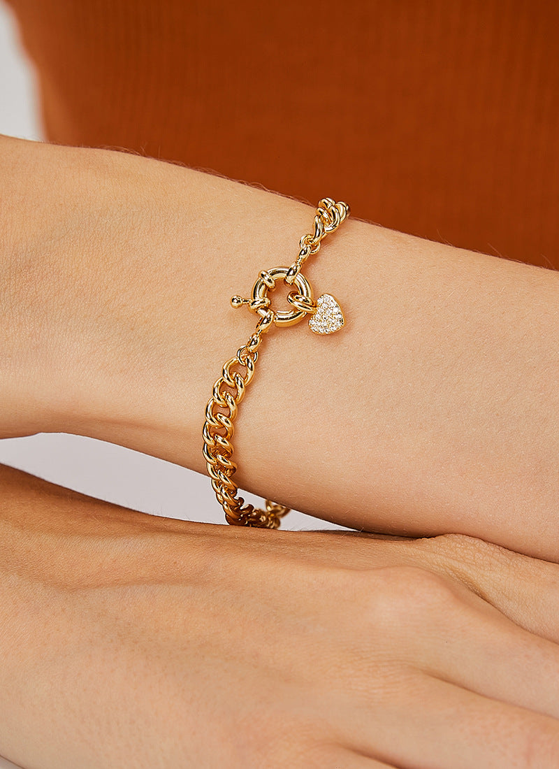 B0100 Fashion Retro Copper Gold-Plated Heart-Shaped Micro-Paved Zircon Bracelet for Women Wholesale