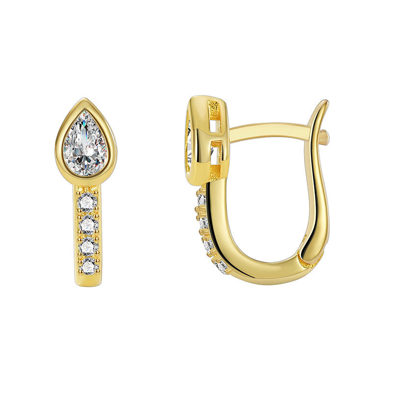 E0499 Simple Earrings for Women, Brass Gold-Plated Water Drop Shape with White Zirconia Ear Clips