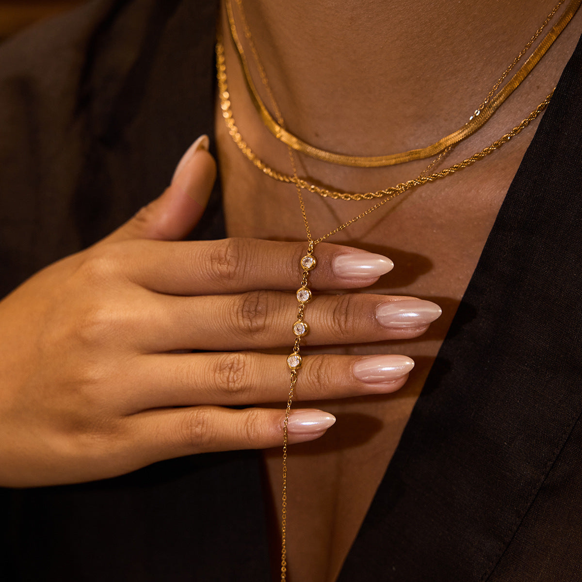 2H Stainless Steel Zircon y Word Chain Long Necklace Collarbone Chain Non-Fading Jewelry