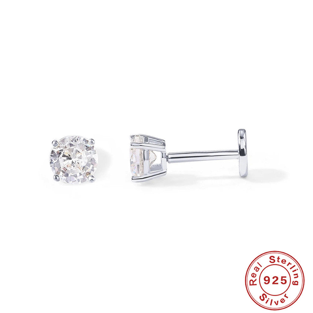 S925Sterling Silver Four-Prong Diamond-Studded Flat Head Threaded Piercing Cartilage Earrings Hot-Selling Classic Minimalist Ear Jewelry