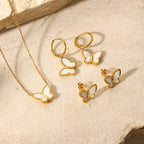 18K Gold Natural White Shell Butterfly Shape Simple Stud Earrings14K Golden White Shell Butterfly Gold Chain Stainless Steel Necklace