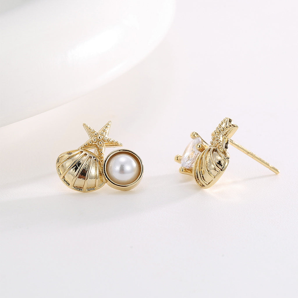 E0767 Fashion Ocean Elements Starfish Shell Earrings for Women Vintage Zircon Inlaid Shell Pearl Earrings