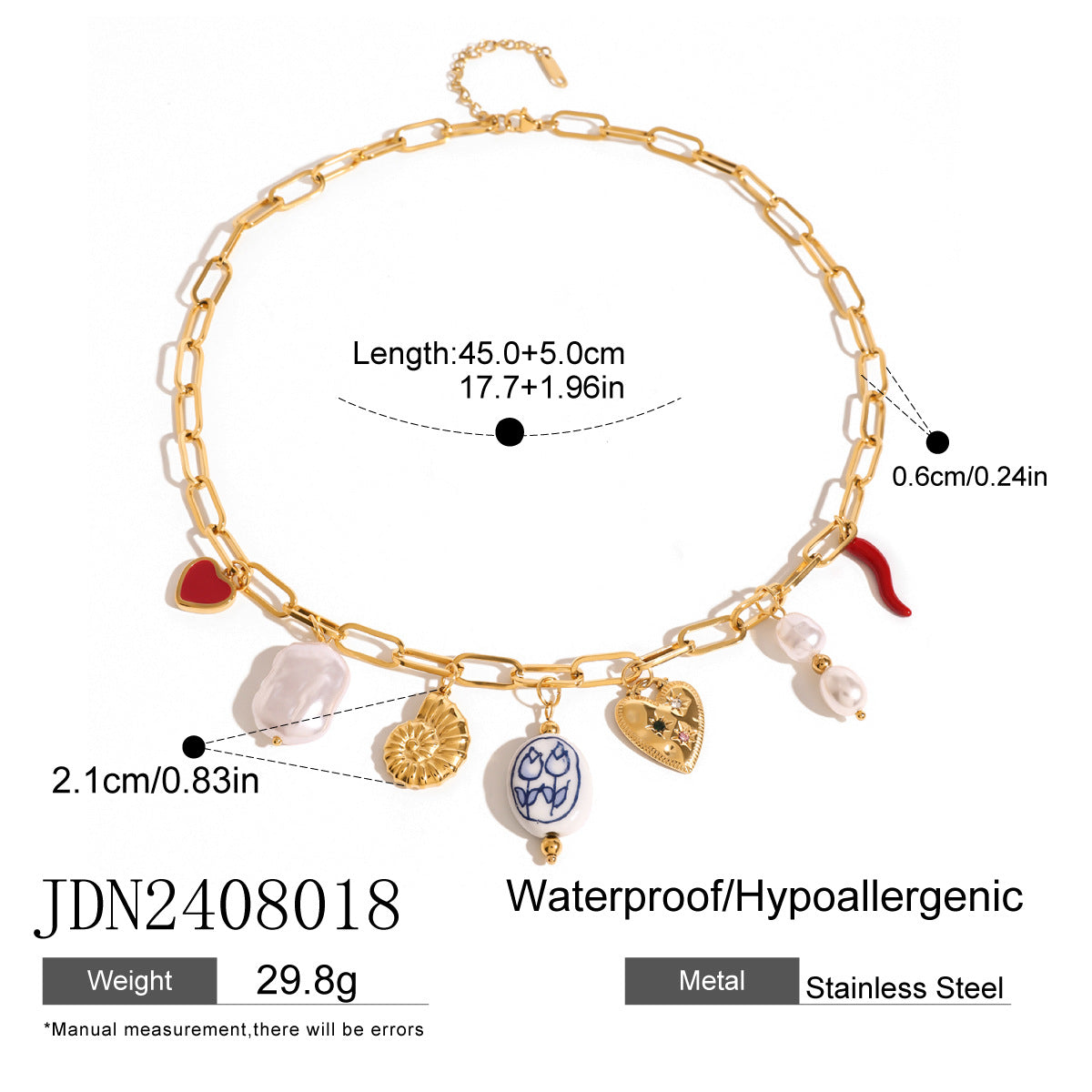 Stainless Steel Pearl Heart Necklace Oil Drop Collarbone Chain Jewelry