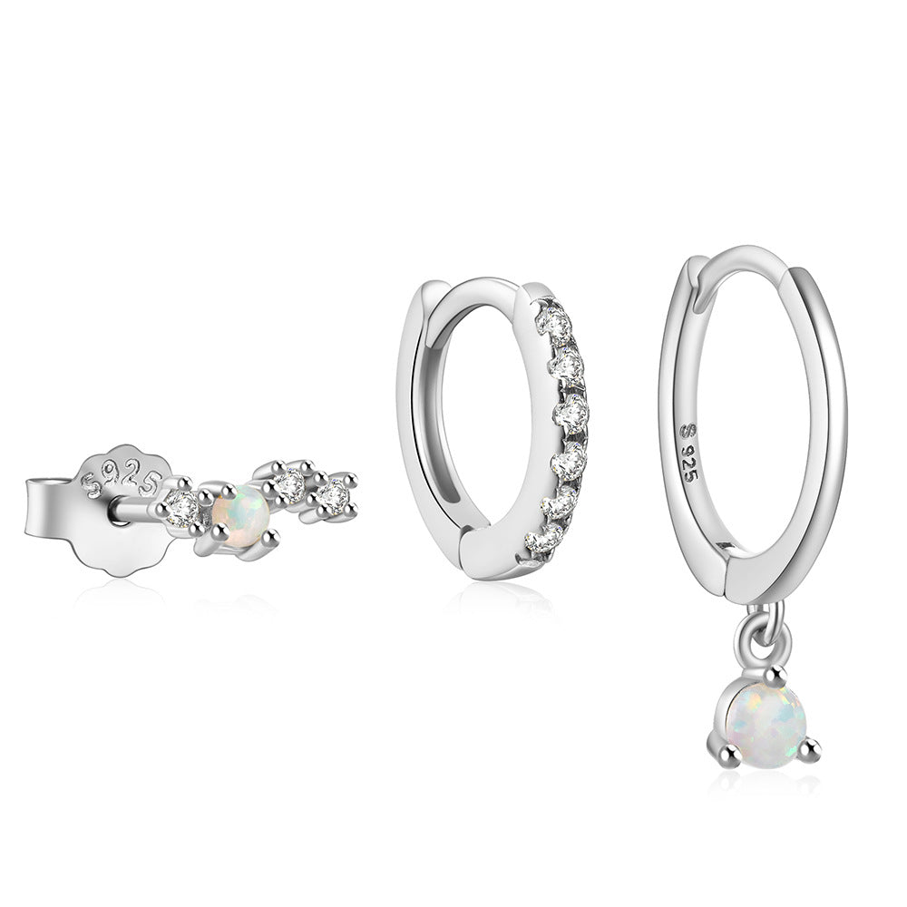 925Sterling Silver Inlaid Diamond Opal Earrings Stud Earrings Jewelry Set Hot-Selling High-End Earrings for Women