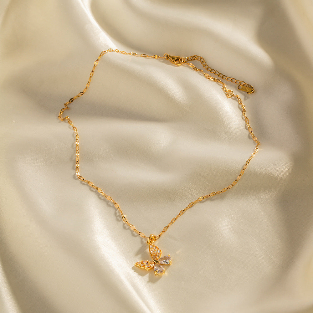 2H 18K Gold Stainless Steel Inlaid White Zircon Butterfly Pendant Necklace Non-Fading Jewelry