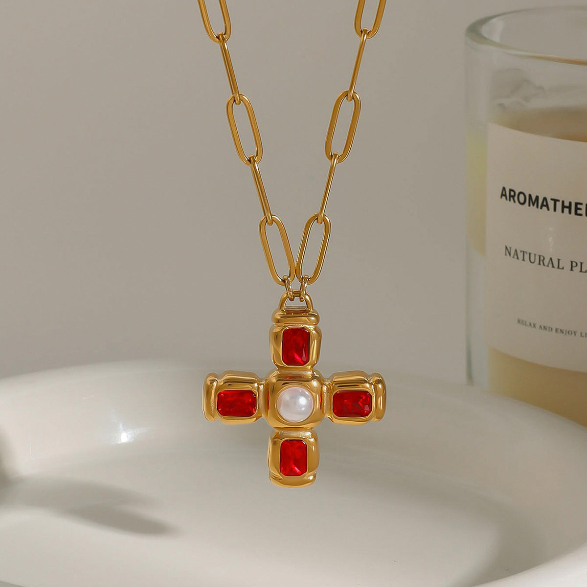 2H Cross Pearl Necklace Jewelry Non-Fading Stainless Steel Accessories