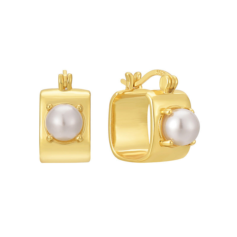 E0619 Geometric Three-Dimensional Square Hoop Inlaid Pearl Earrings for Women Vintage Minimalist Creative Ear Clips