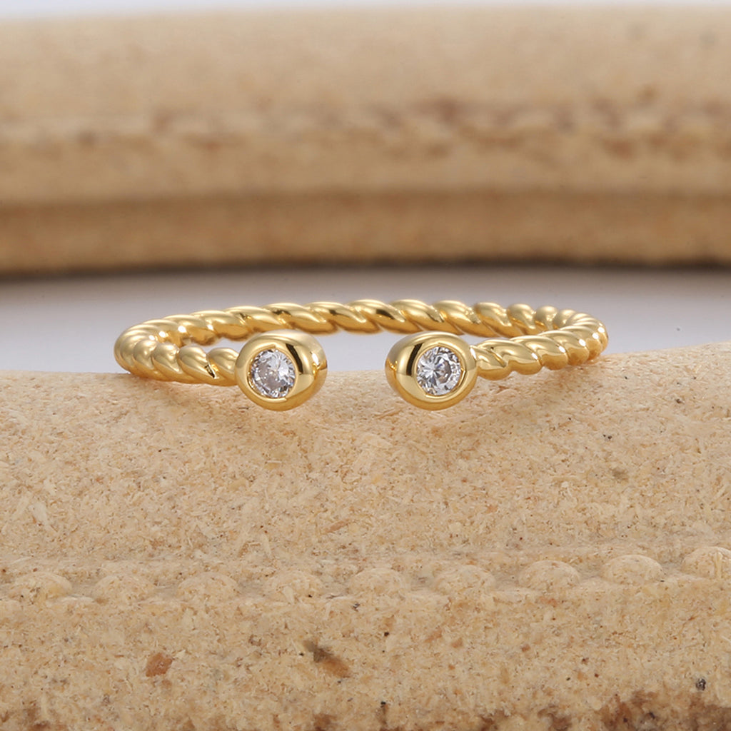 R0271 French Minimalist Zircon Inlaid Adjustable Open Ring for Women Brass Gold-Plated Hemp Rope Design Ring
