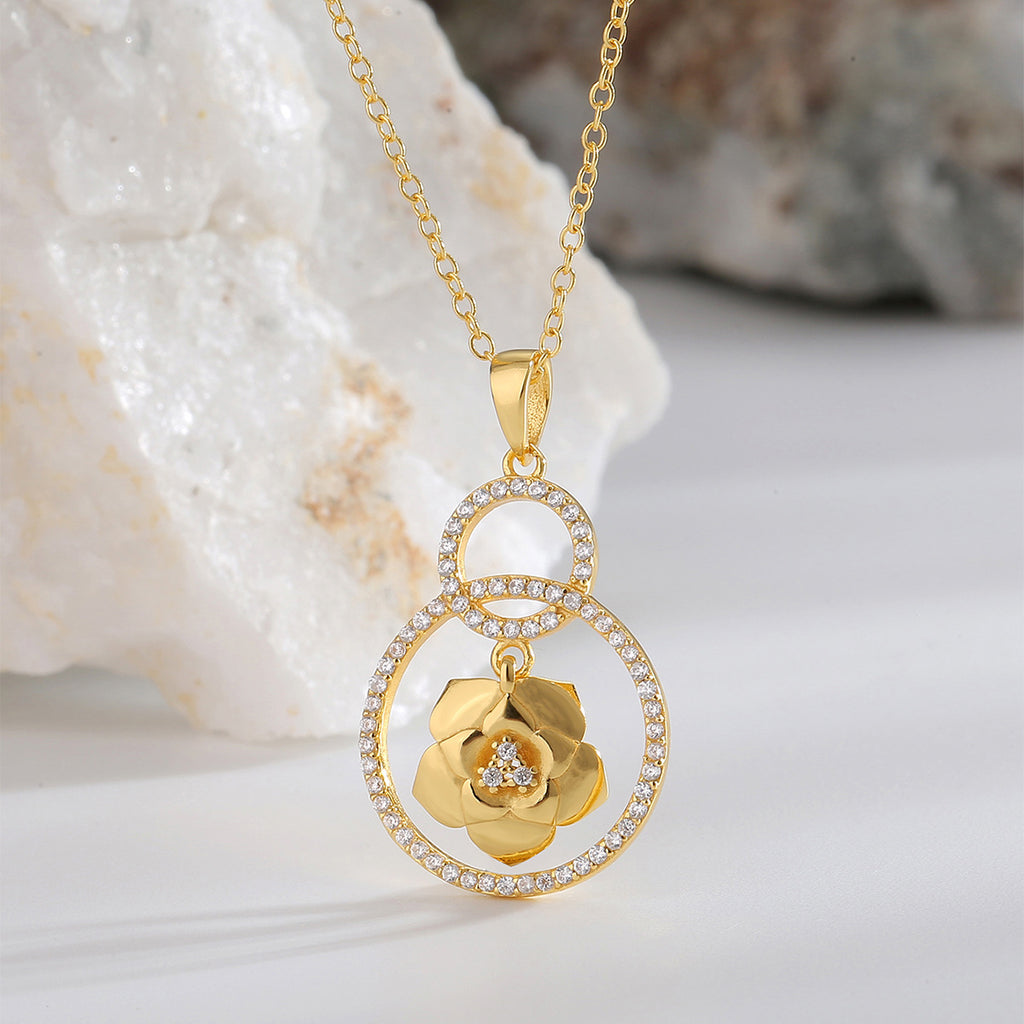 925 Silver Rose Flower Necklace With Zircon Double Ring Pendant