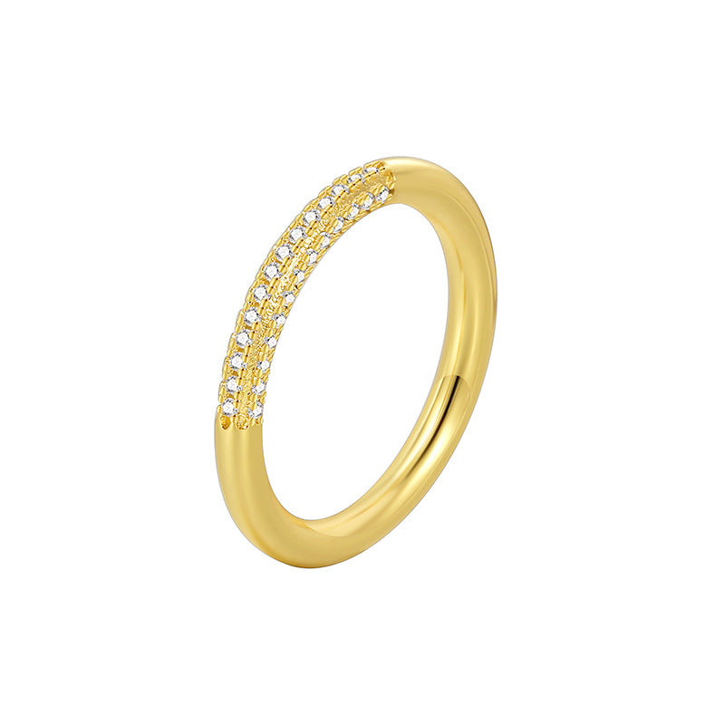 R0586 Simple Ring for Women, Brass with Gold Plating, Micro Pave White Zirconia Plain Band