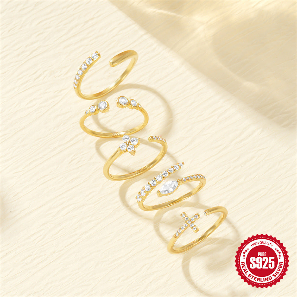 S925Sterling Silver Curved Petal Single Row Diamond Luxury Stacked Open Ring Hot Selling Index Finger Ring