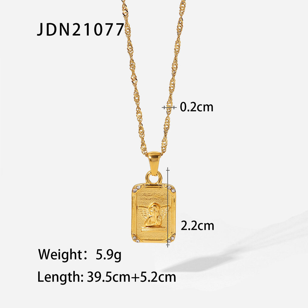 18K Gold Stainless Steel Necklace Vintage Fashion Inlaid Diamond Square Pendant Embossed Angel Pendant Necklace