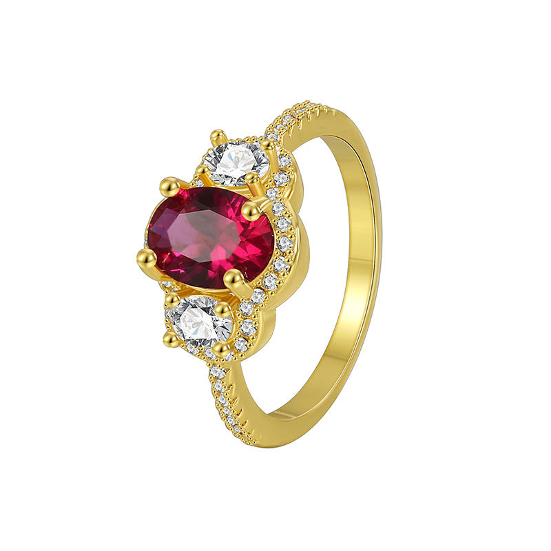 R0520 Fashionable Elegant Oval Red Zircon Ring for Women Vintage Micro Pave White Zircon