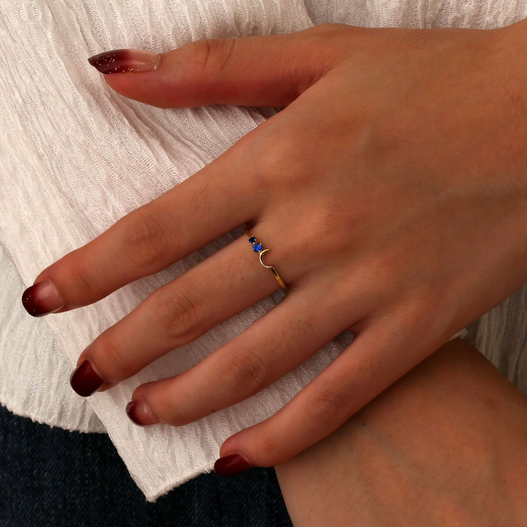 SR0052 S925Silver Moon Blue Star Design Sense Simple Thin Ring