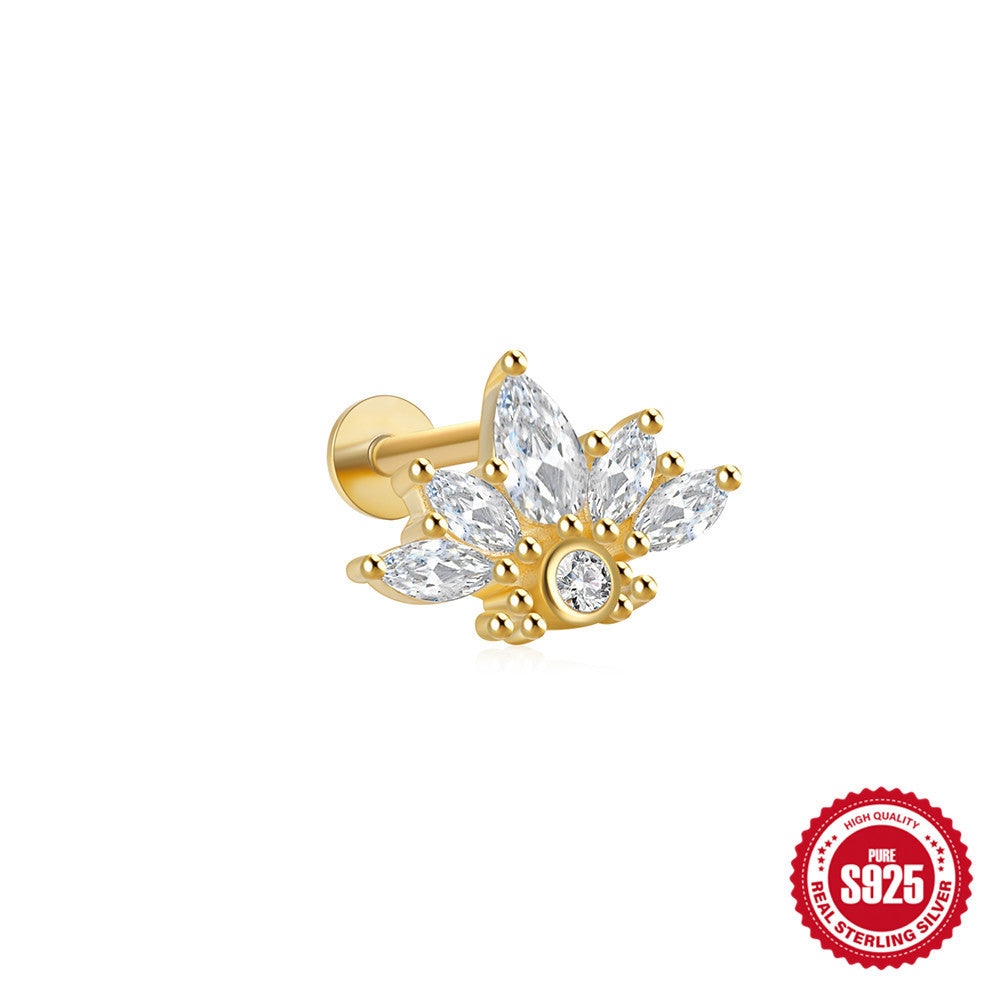 S925Sterling Silver Geometric Star Inlaid with Diamonds Fashion Flat Head Piercing Threaded Ear Bone Stud New Hot-Selling Earrings for Women