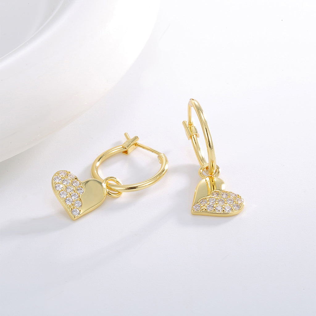 E0822 Fashion Earrings for Women, Gold-Plated Heart Half Zirconia Drop Earrings