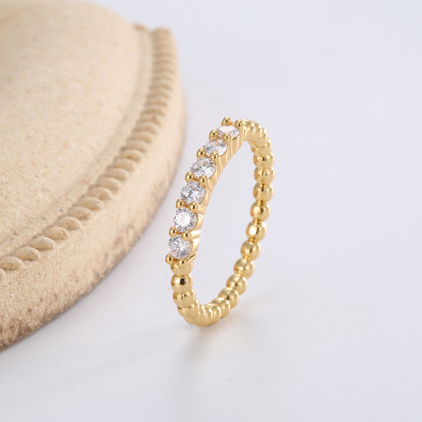R0392 French-style Small Round Bead Design Gold-plated Ring for Women, Simple Micro-inlaid Zircon Ring