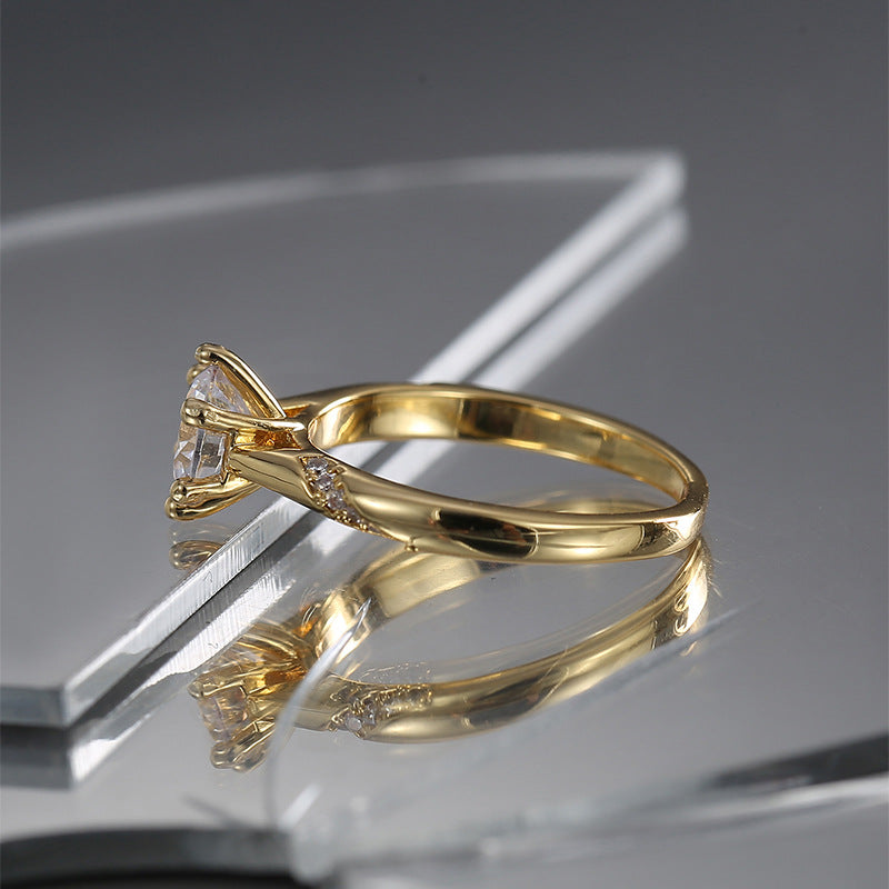 R0517 Simple Elegant Fashion Ring for Women Brass Gold-Plated Six-Prong Zircon Vintage Ring