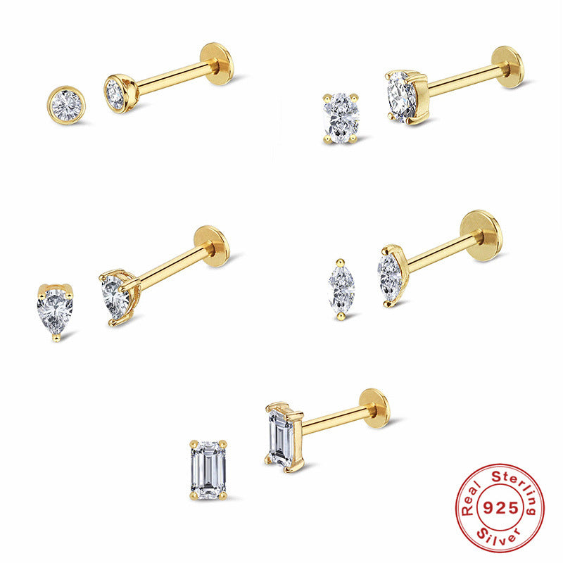 S925Sterling Silver Diamond-Studded Body Piercing Flat Head Threaded Ear Bone Stud Korean Style Geometric Minimalist Earrings for Women