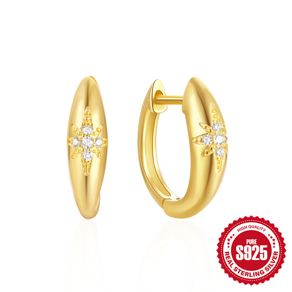 925Pure Silver Minimalist Leaf Geometric Inlaid Diamond Simple Hoop Earrings Hot-Selling High-End Earrings