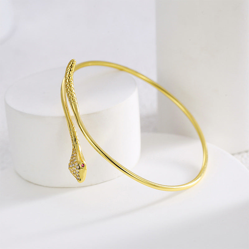B0151 Personalized Design Snake-Shaped Bracelet for Women, Brass Gold-Plated Micro-Inlaid White Zircon Simple Bangle