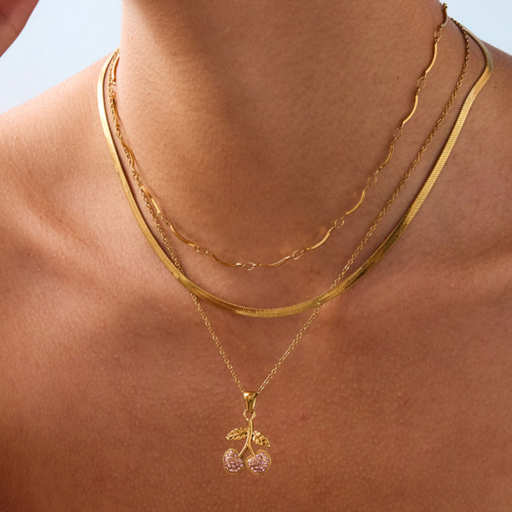 Stainless Steel Cherry Zircon Necklace Jewelry for Women, Non-Fading Choker Accessories