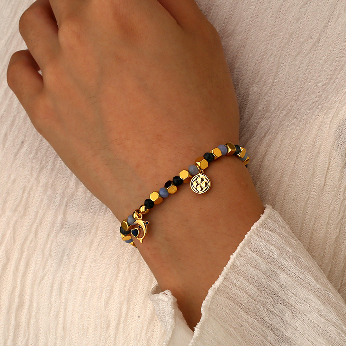 B0327 Ocean Vacation Dolphin Heart Zircon Beaded Bohemian Chalcedony Bracelet