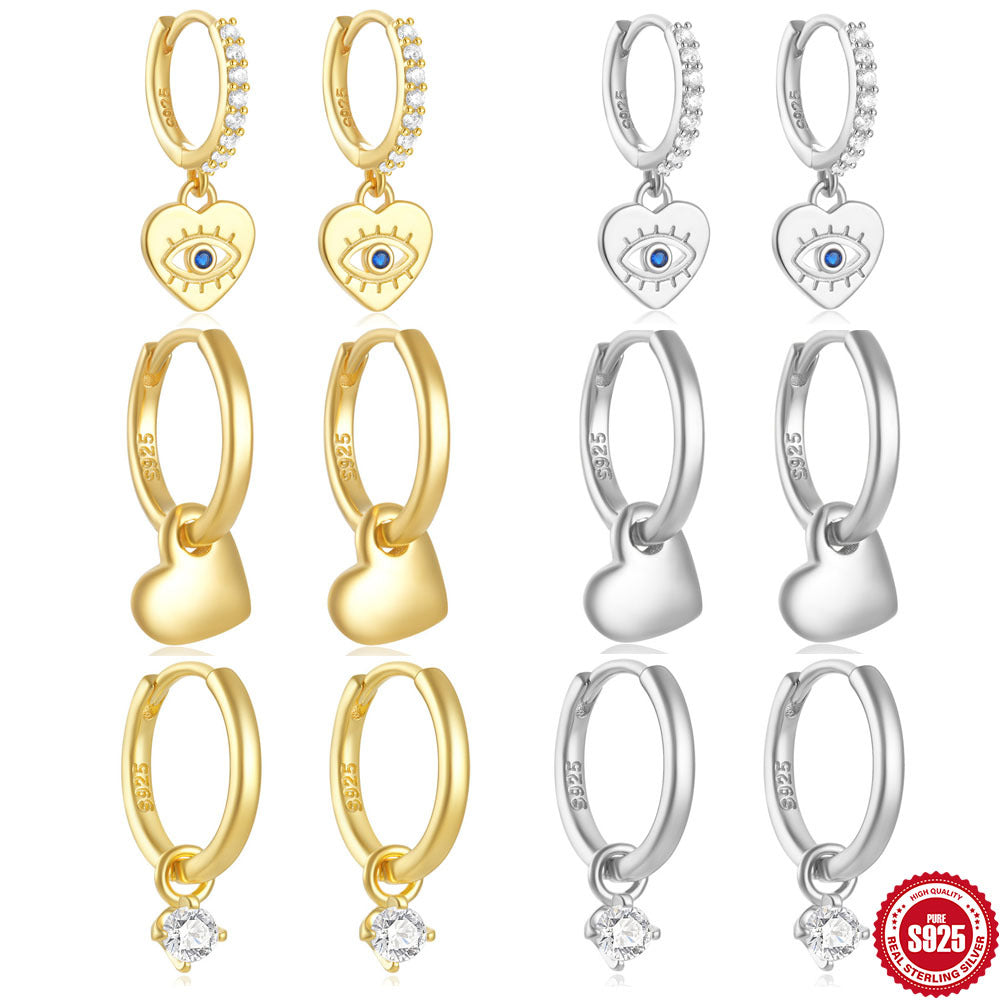 Classic925Sterling Silver Inlaid Diamond Hoop Earrings Heart Devil's Eye Ear Cuff Earrings Hot Sale Minimalist Style Ear Jewelry