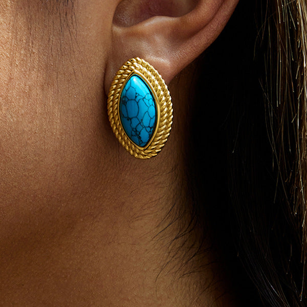 2H Agate Earrings Stainless Steel Blue Turquoise Jewelry Non-Fading