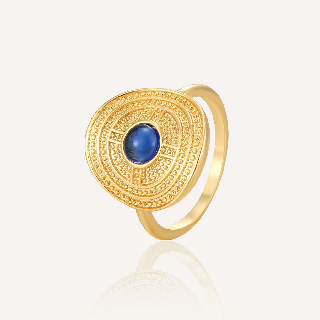 R0155 Vintage Design Curved Ring for Women Brass Gold Plated Blue Glass Stone